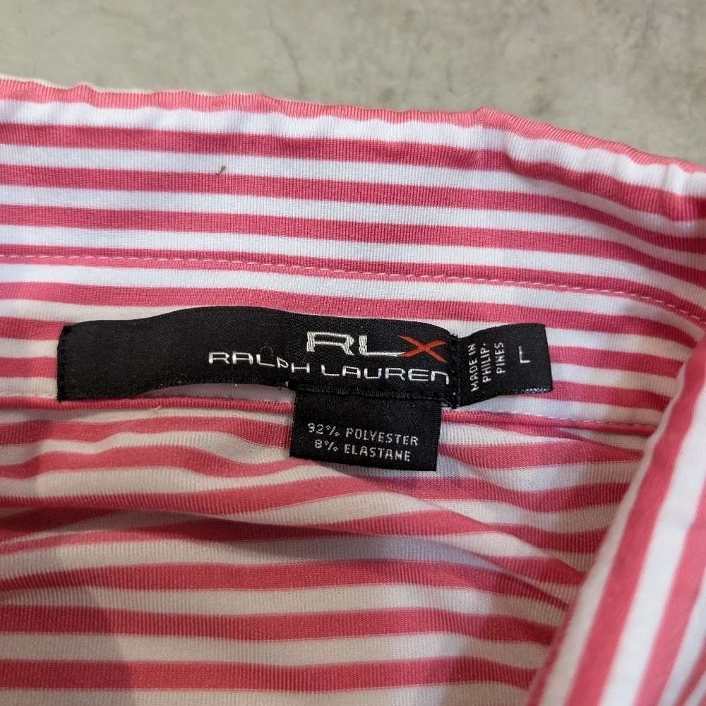 RLX Performance Golf Polo Mens L Red White Striped Society Of Seniors